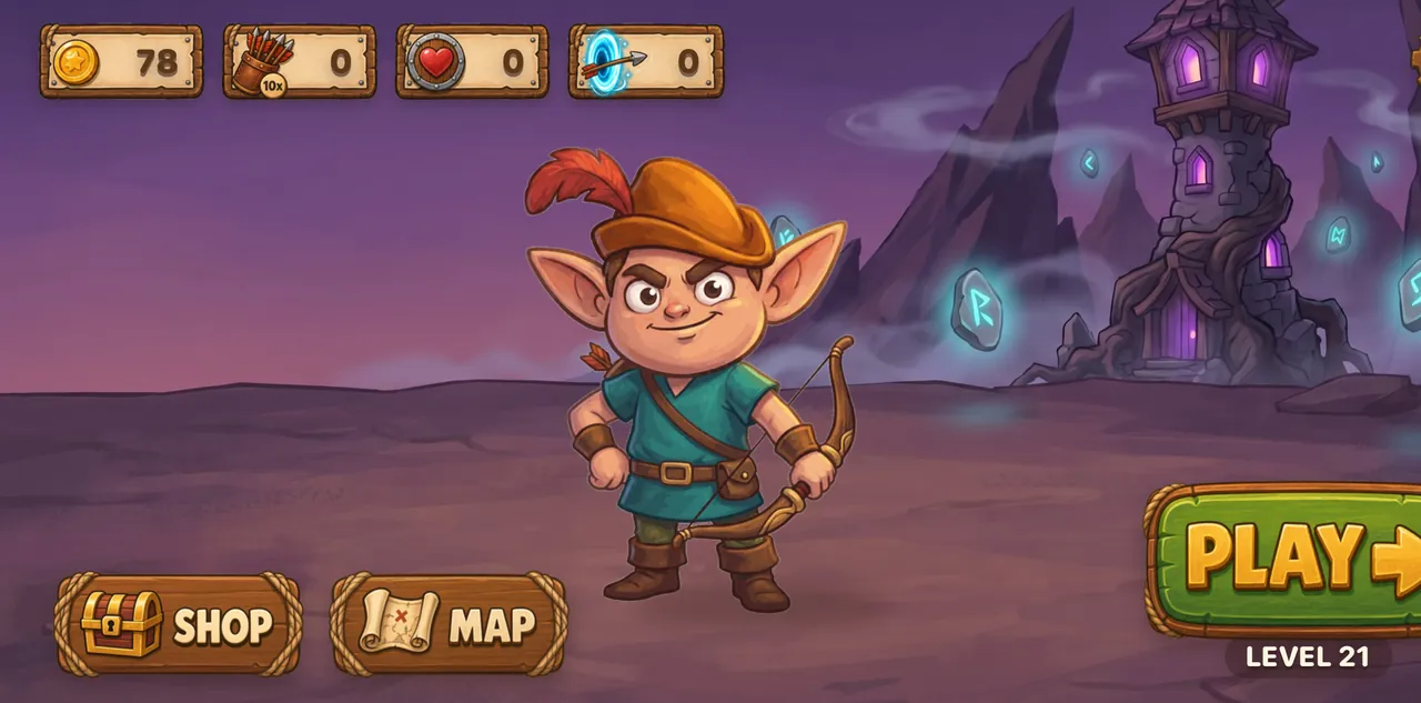 Fletch's home screen with Shop, Map and Play buttons
