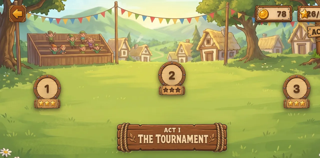 The Act I level map, The Tournament, with a village and viewing stands