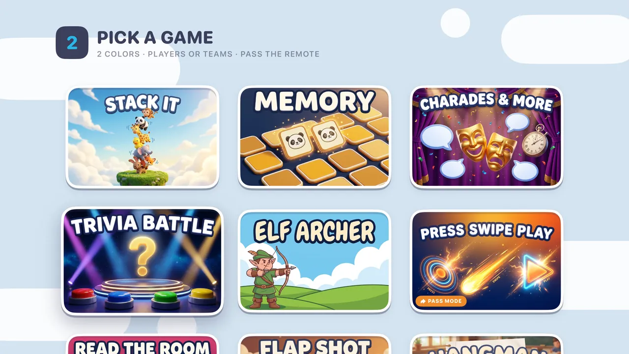 The Pick a Game menu showing Stack It, Memory, Charades and More, Trivia Battle, Elf Archer and Press Swipe Play