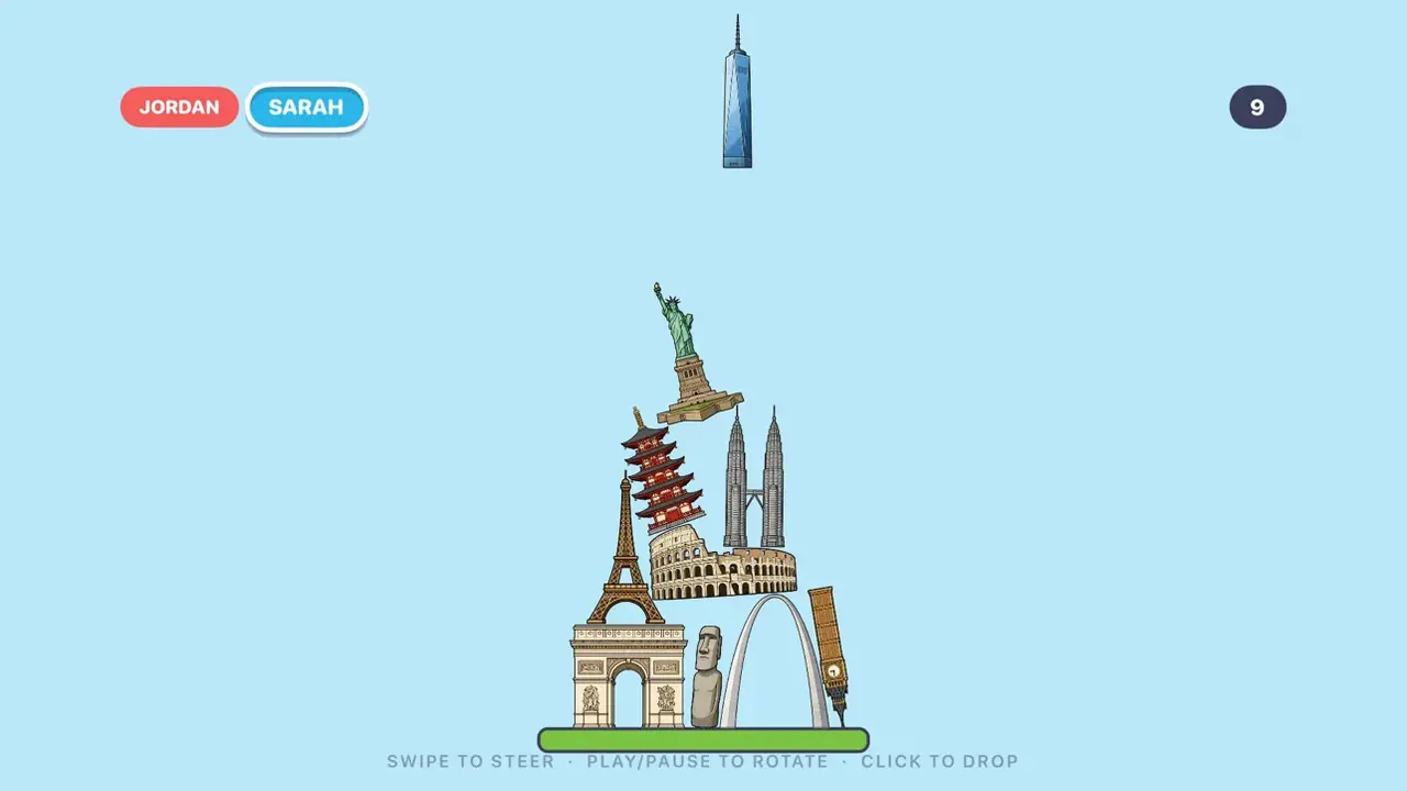 Stack It: a tower of world landmarks balanced on a platform